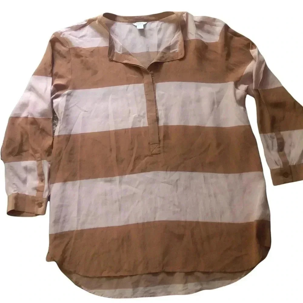 Fossil neutral striped Crew Neck silk  Blouse classic preppy timeless Old Money - Picture 5 of 15